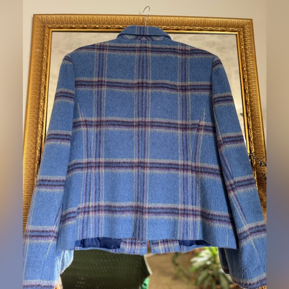 Vintage Wool Plaid Jacket ✨ Cropped Blue Preppy Fall Blazer Chic Zip Up Coat - Picture 5 of 6